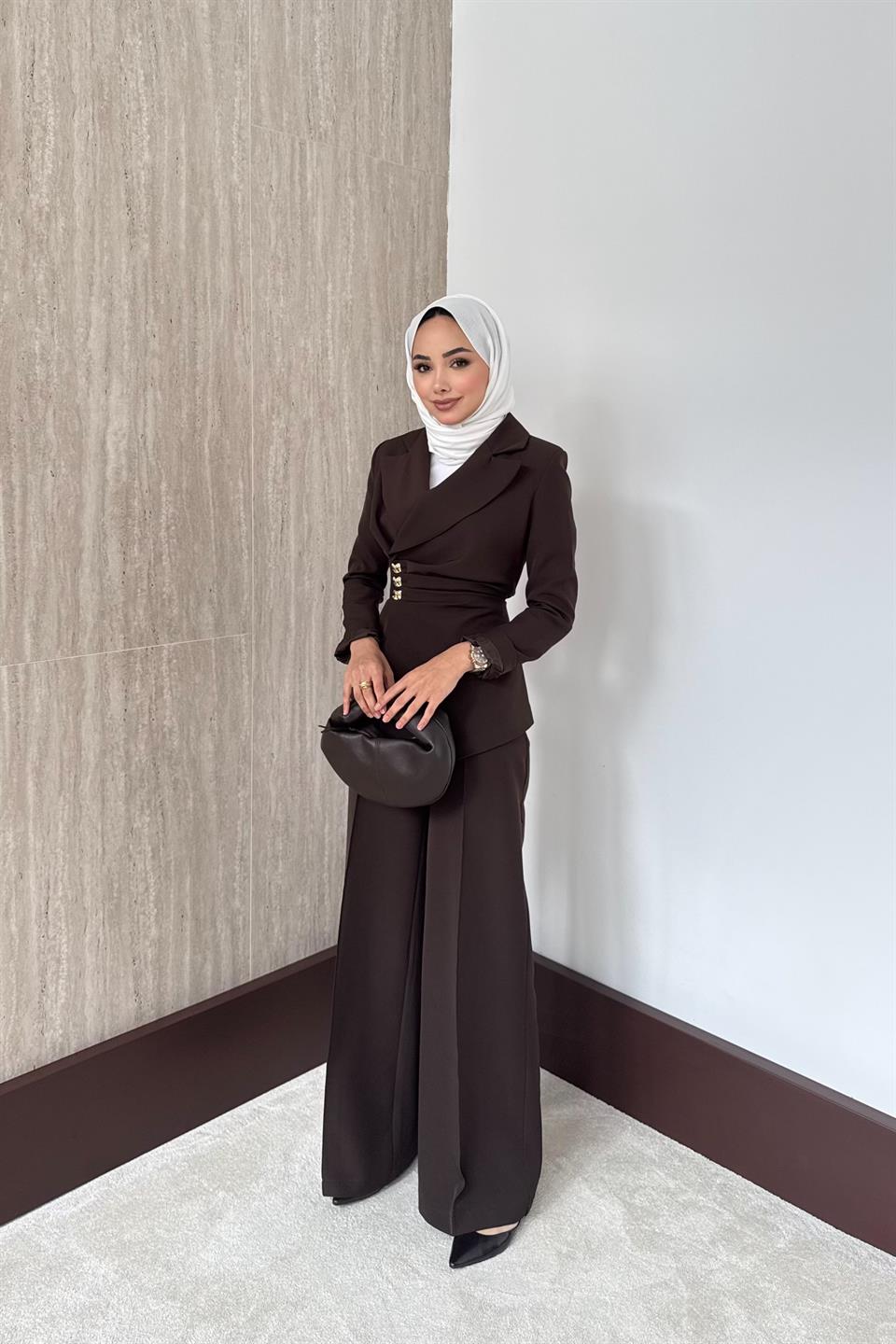 Asimetrik Blazer Ceketli Takım - Kahve