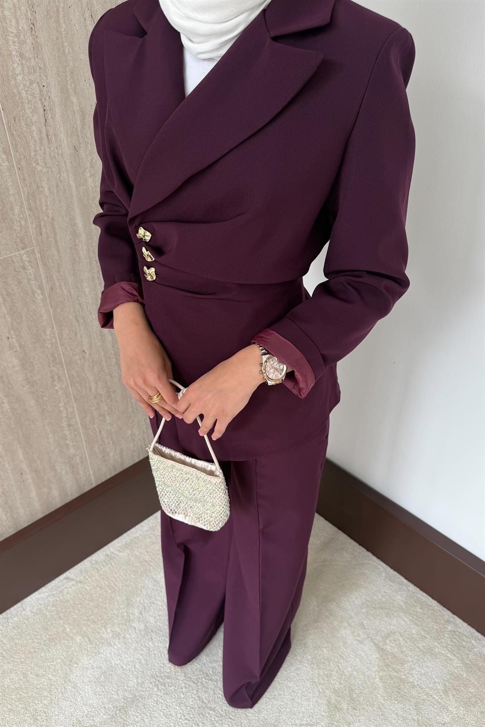 Asimetrik Blazer Ceketli Takım - Mürdüm