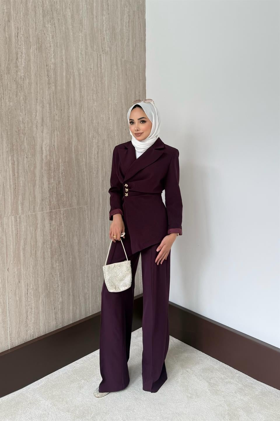 Asimetrik Blazer Ceketli Takım - Mürdüm