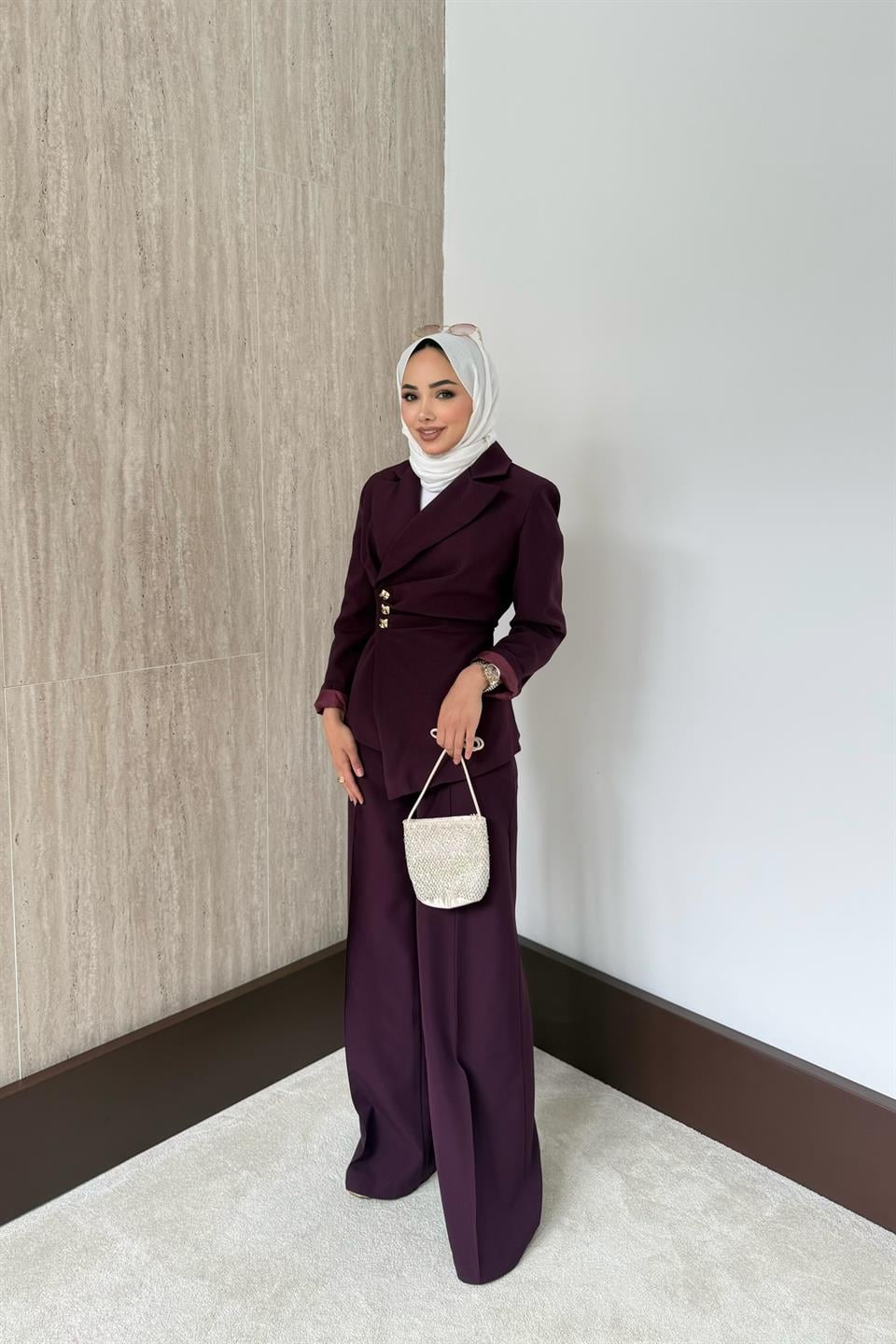 Asimetrik Blazer Ceketli Takım - Mürdüm