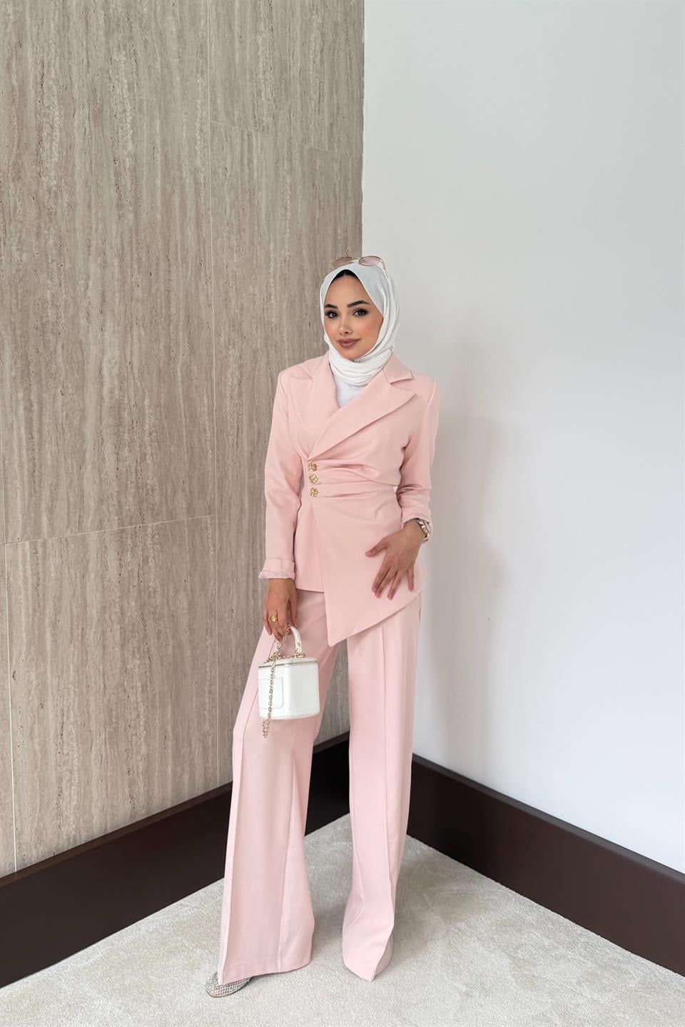 Asimetrik Blazer Ceketli Takım - Pudra