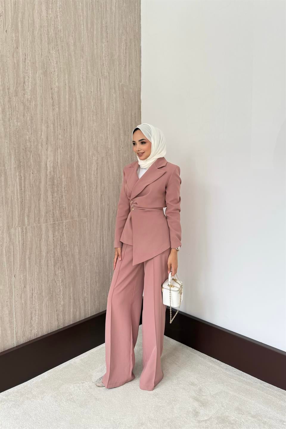 Asimetrik Blazer Ceketli Takım - Pudra