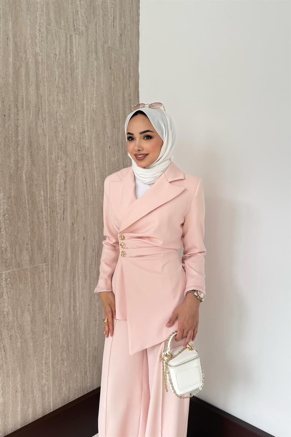 Asimetrik Blazer Ceketli Takım - Pudra