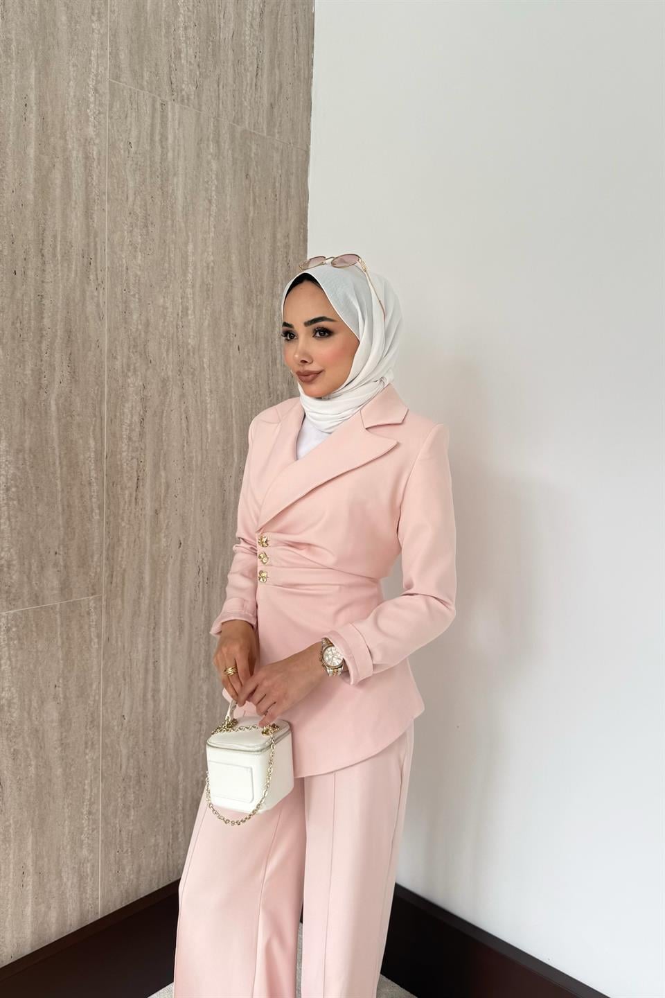 Asimetrik Blazer Ceketli Takım - Pudra