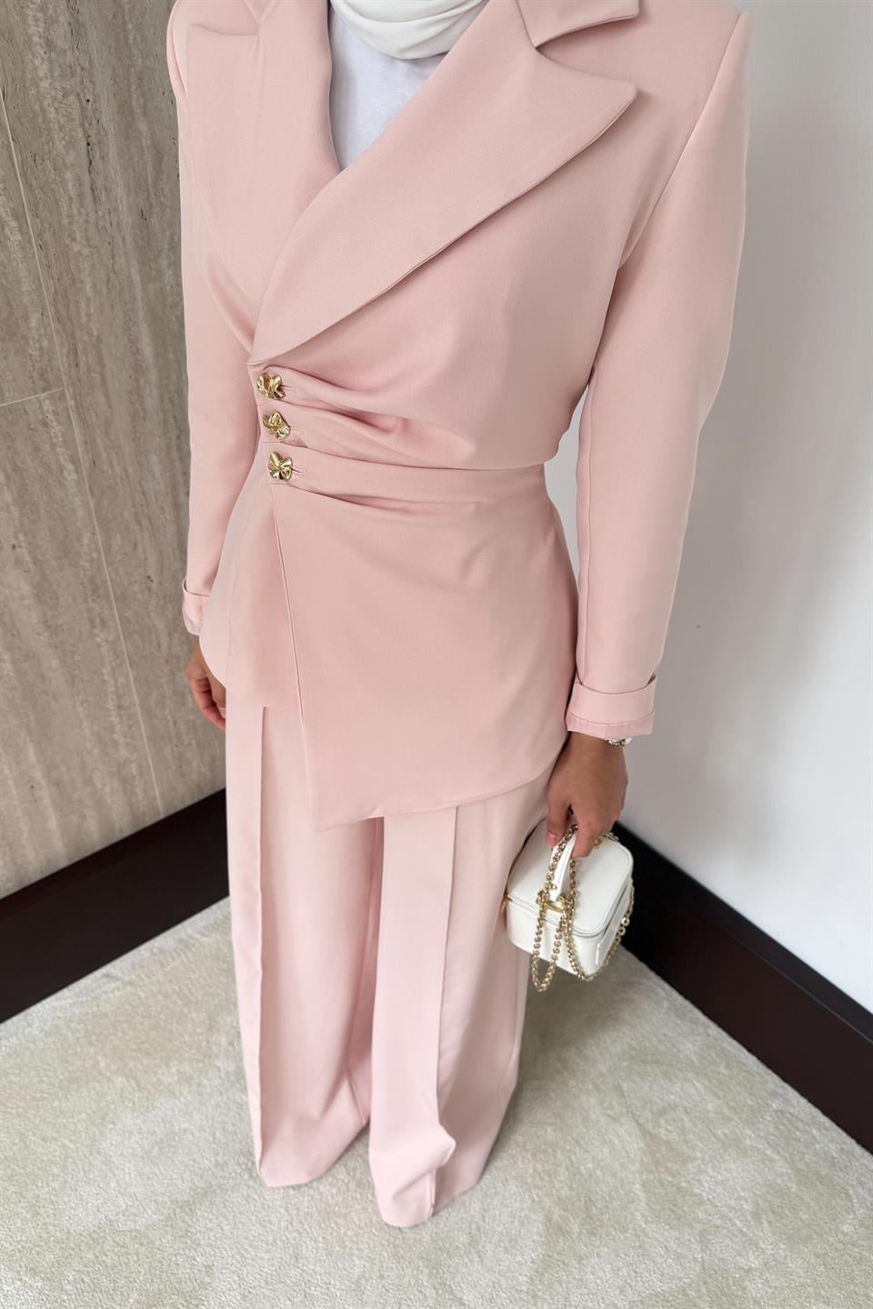 Asimetrik Blazer Ceketli Takım - Pudra