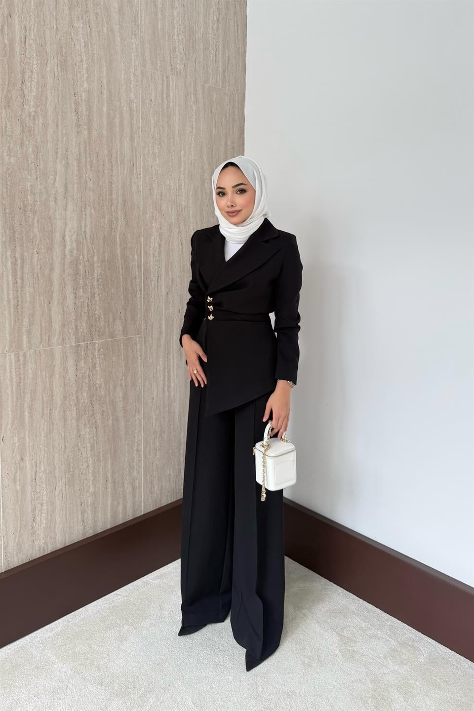 Asimetrik Blazer Ceketli Takım - Siyah