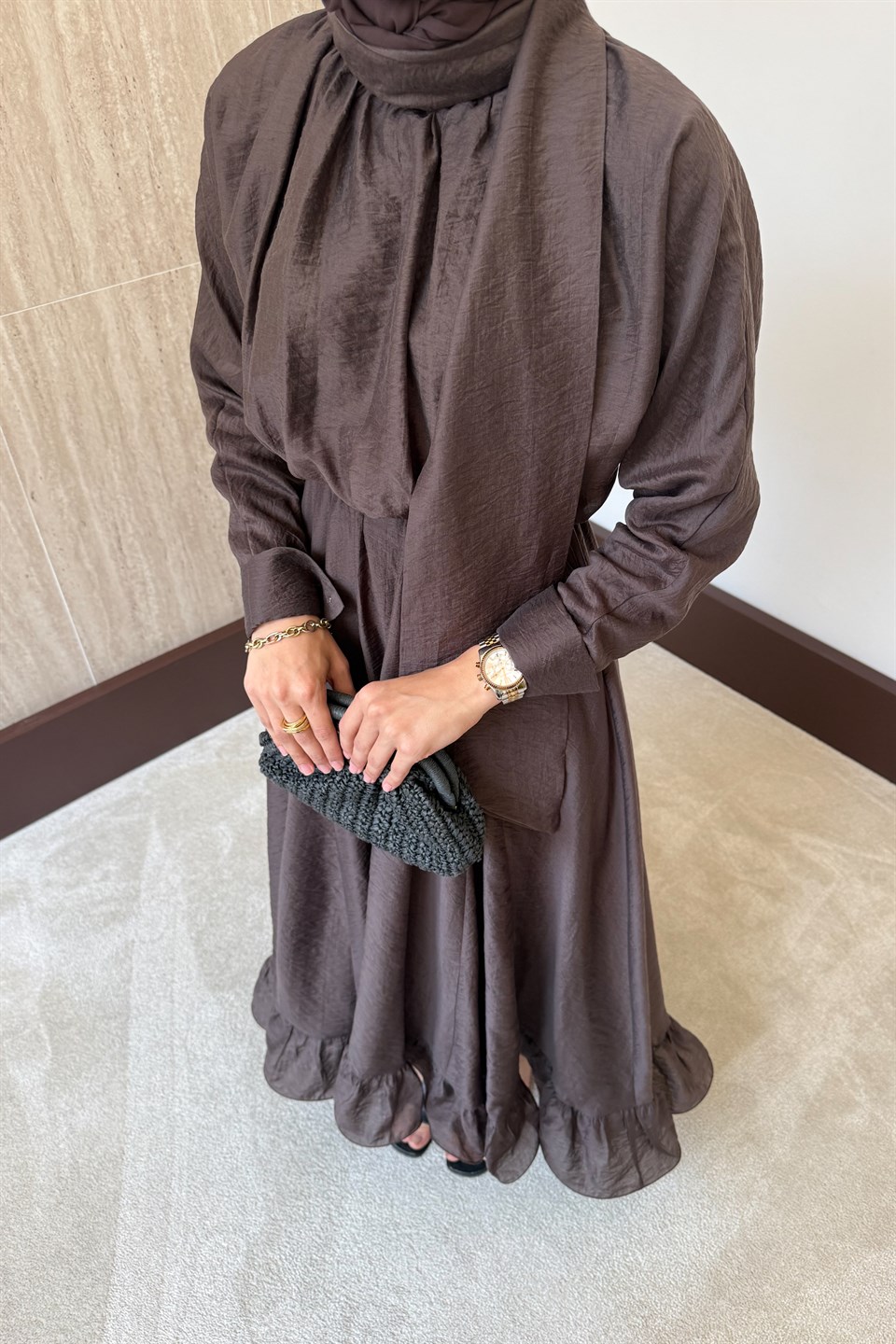 Bağlama Yakalı Peplum Elbise - Kahve