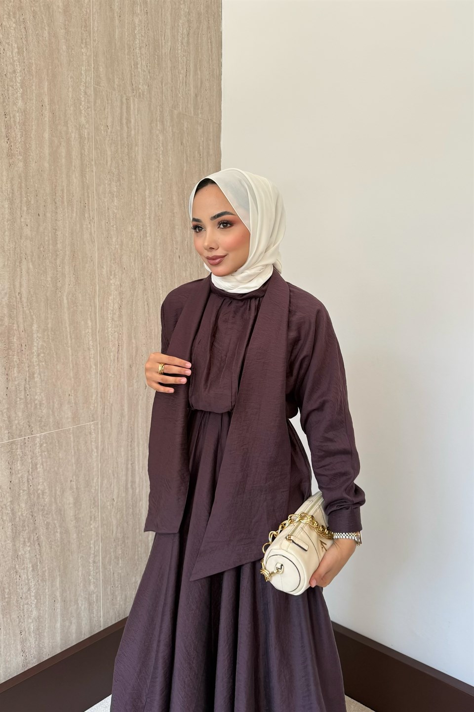 Bağlama Yakalı Peplum Elbise - Mürdüm
