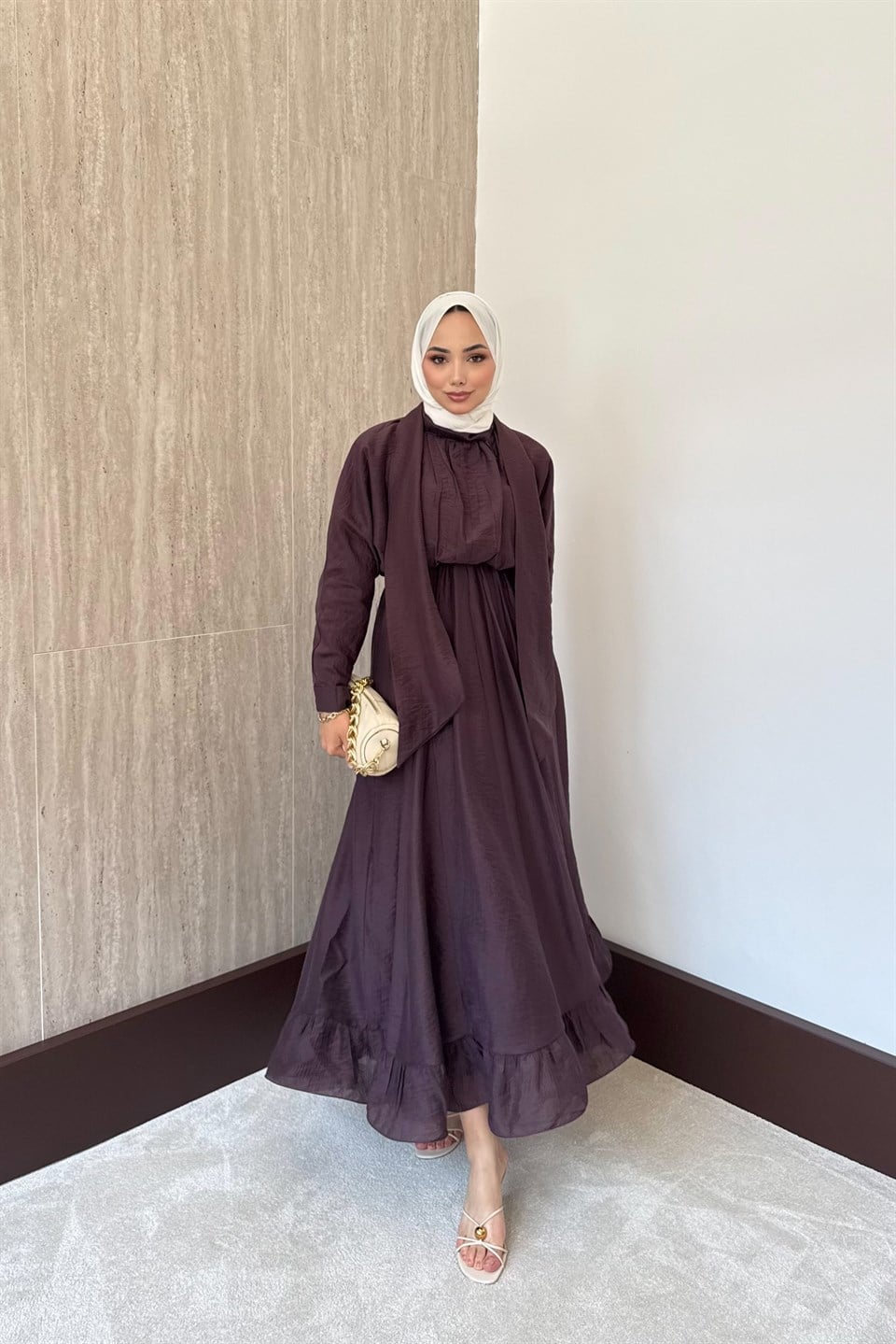 Bağlama Yakalı Peplum Elbise - Mürdüm