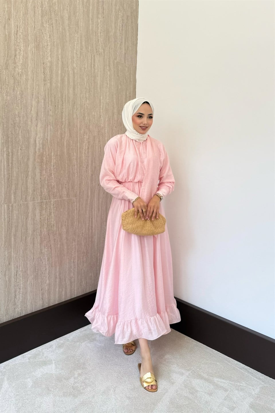 Bağlama Yakalı Peplum Elbise - Pembe