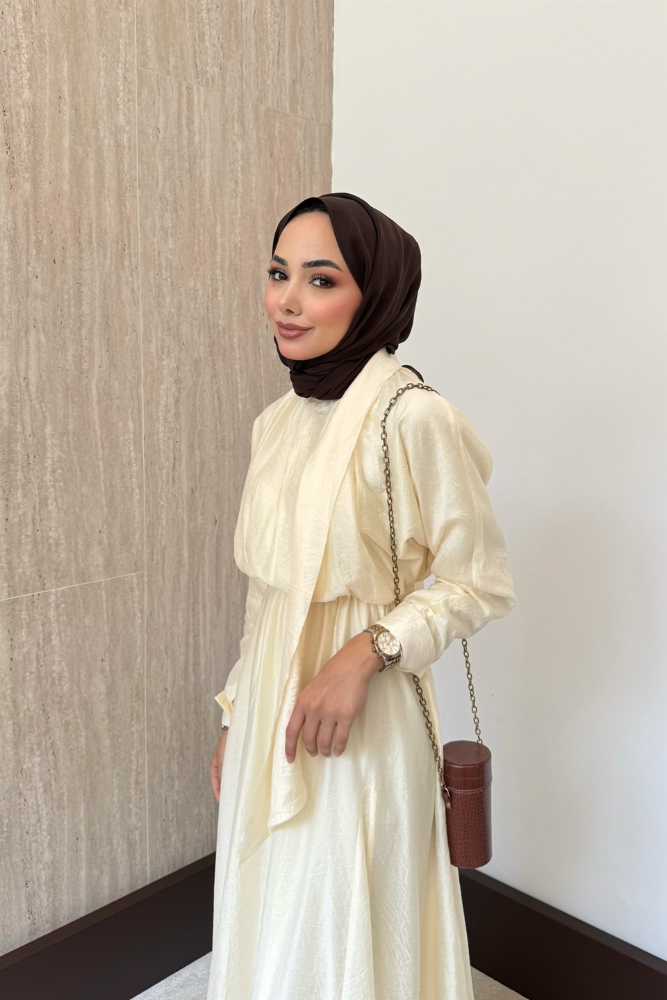 Bağlama Yakalı Peplum Elbise - Sarı