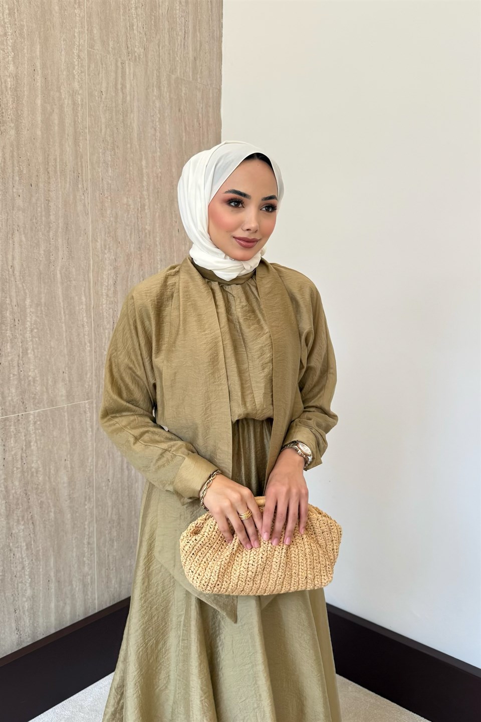 Bağlama Yakalı Peplum Elbise - Yağ Yeşili