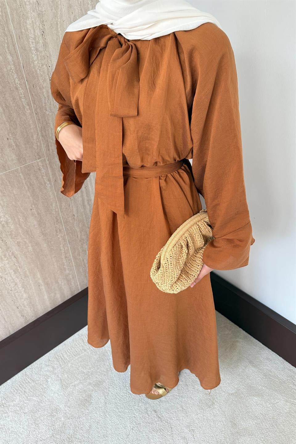 Bağlama Yakalı Vual Elbise - Kiremit