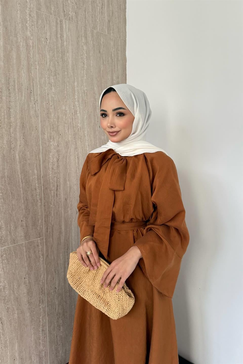 Bağlama Yakalı Vual Elbise - Kiremit