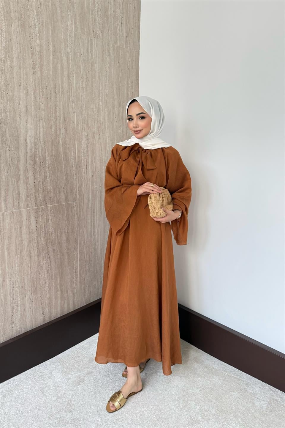 Bağlama Yakalı Vual Elbise - Kiremit