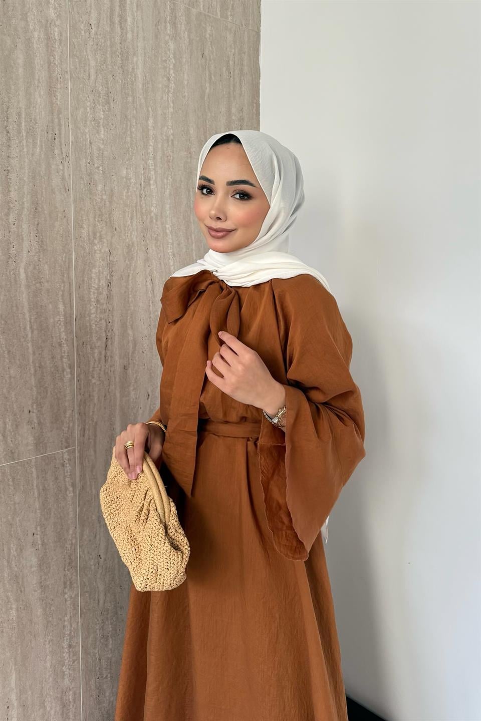 Bağlama Yakalı Vual Elbise - Kiremit