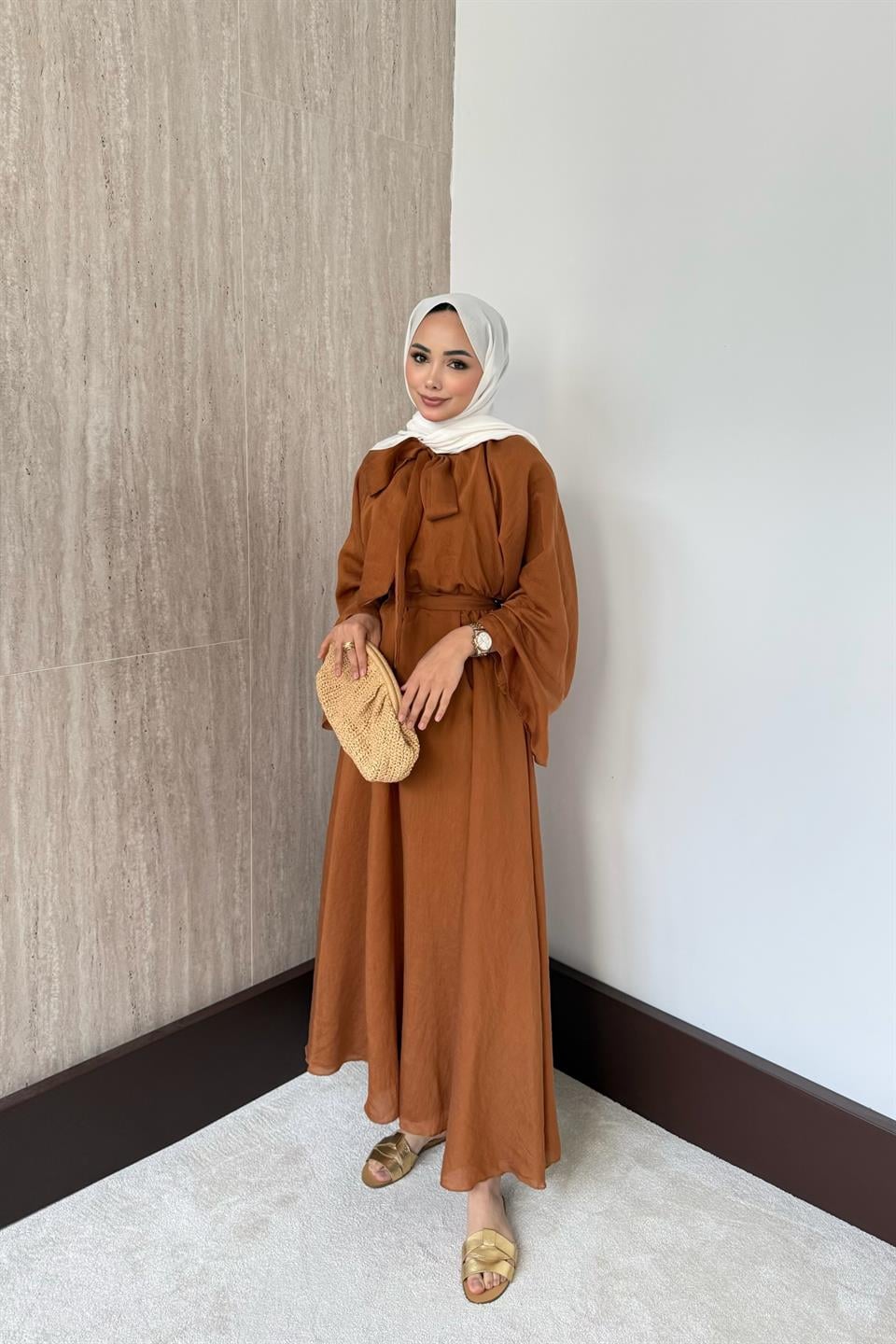 Bağlama Yakalı Vual Elbise - Kiremit