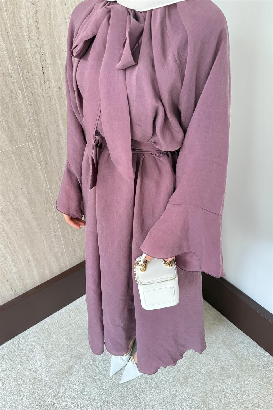 Bağlama Yakalı Vual Elbise - Mürdüm