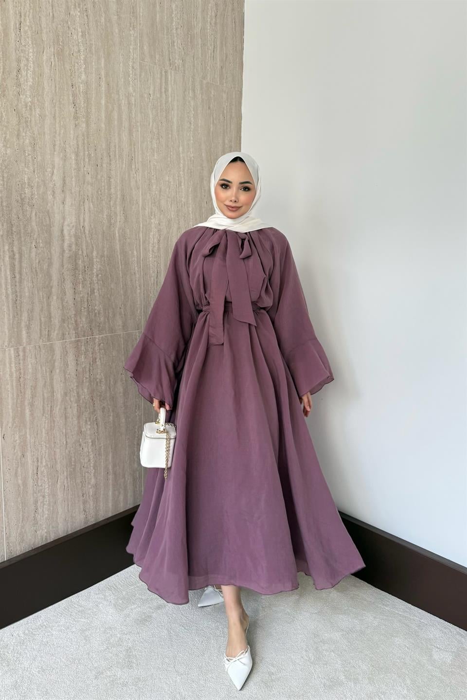 Bağlama Yakalı Vual Elbise - Mürdüm