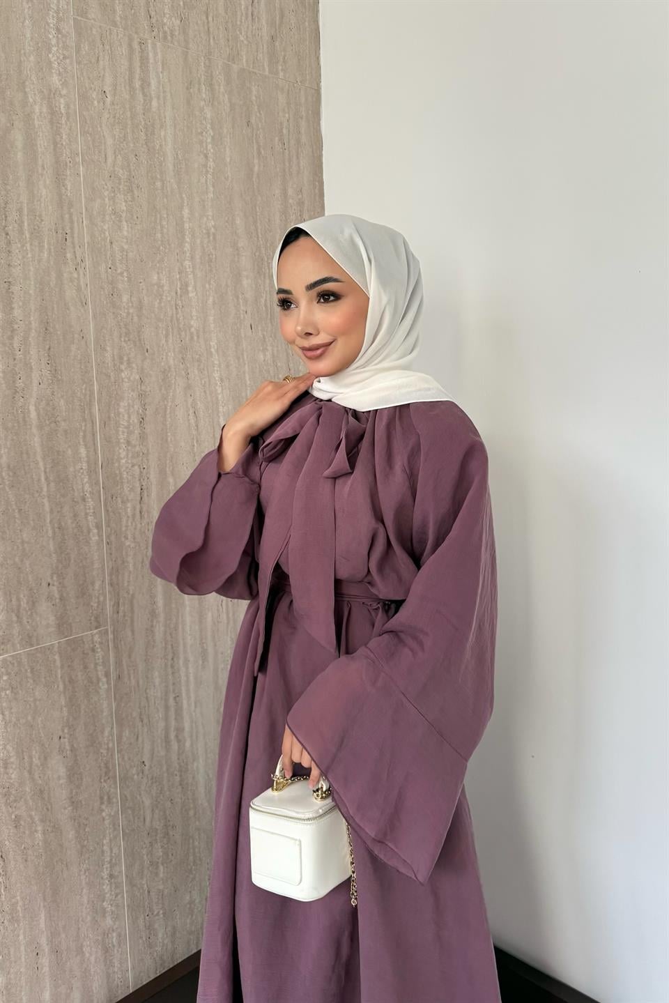 Bağlama Yakalı Vual Elbise - Mürdüm