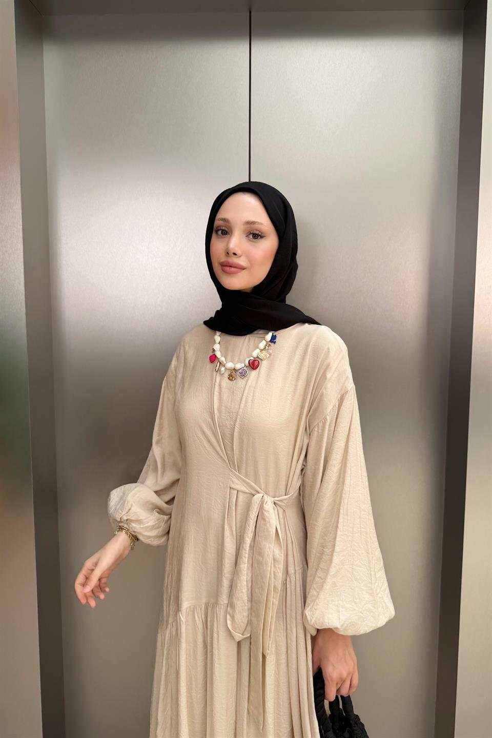 Bağlamalı Balon Kol Elbise - Bej