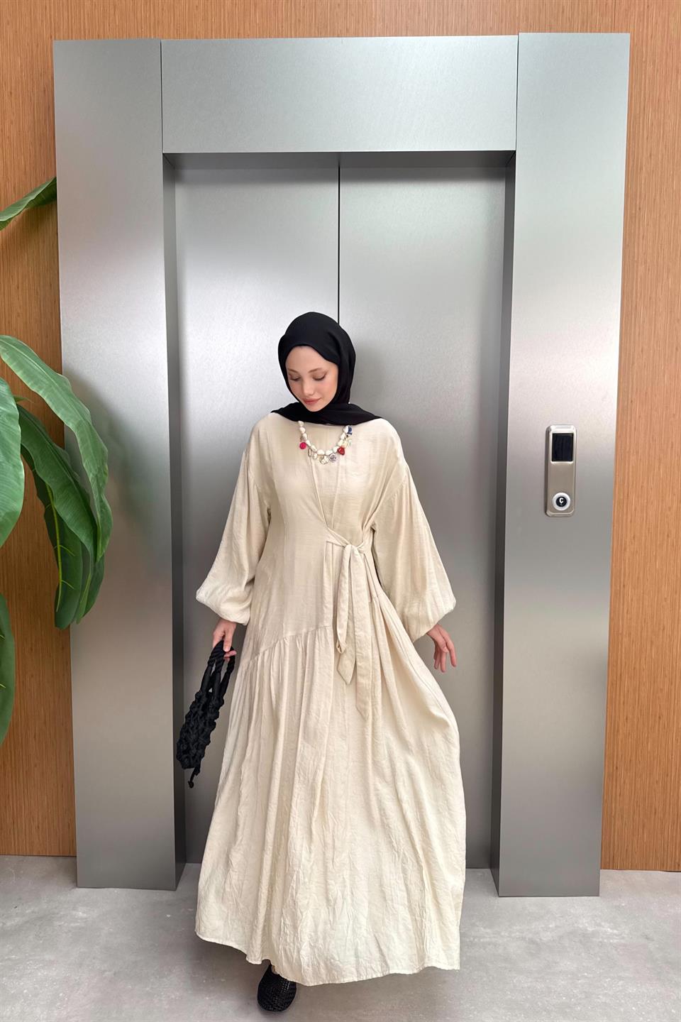 Bağlamalı Balon Kol Elbise - Bej