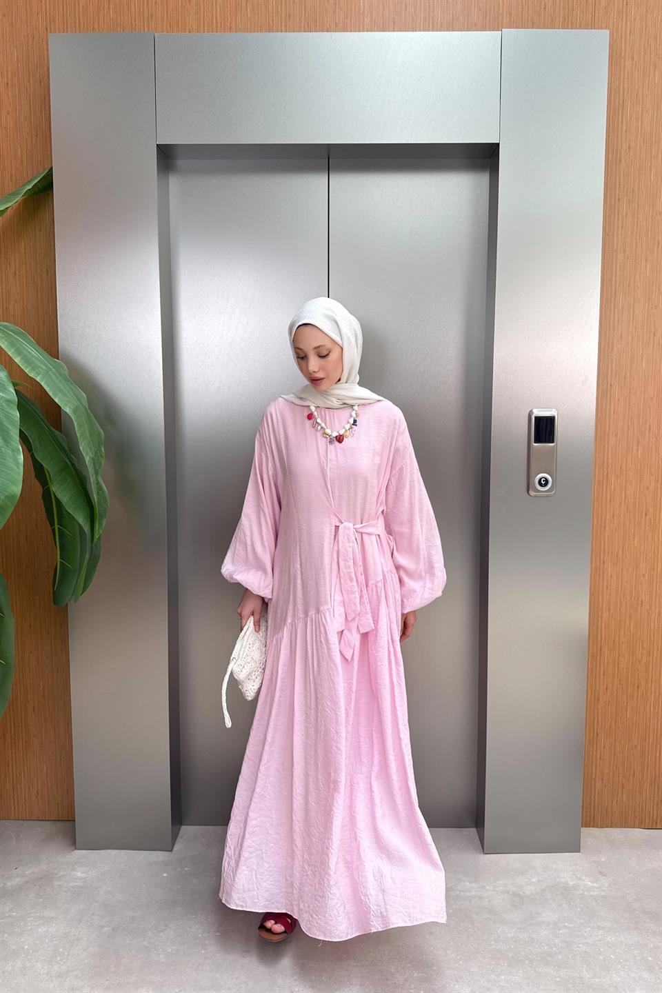 Bağlamalı Balon Kol Elbise - Pembe