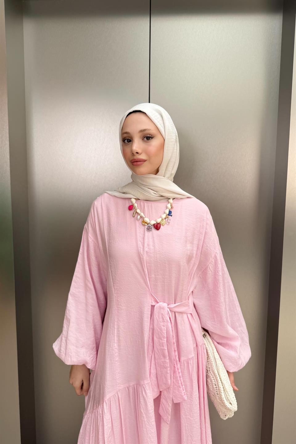 Bağlamalı Balon Kol Elbise - Pembe