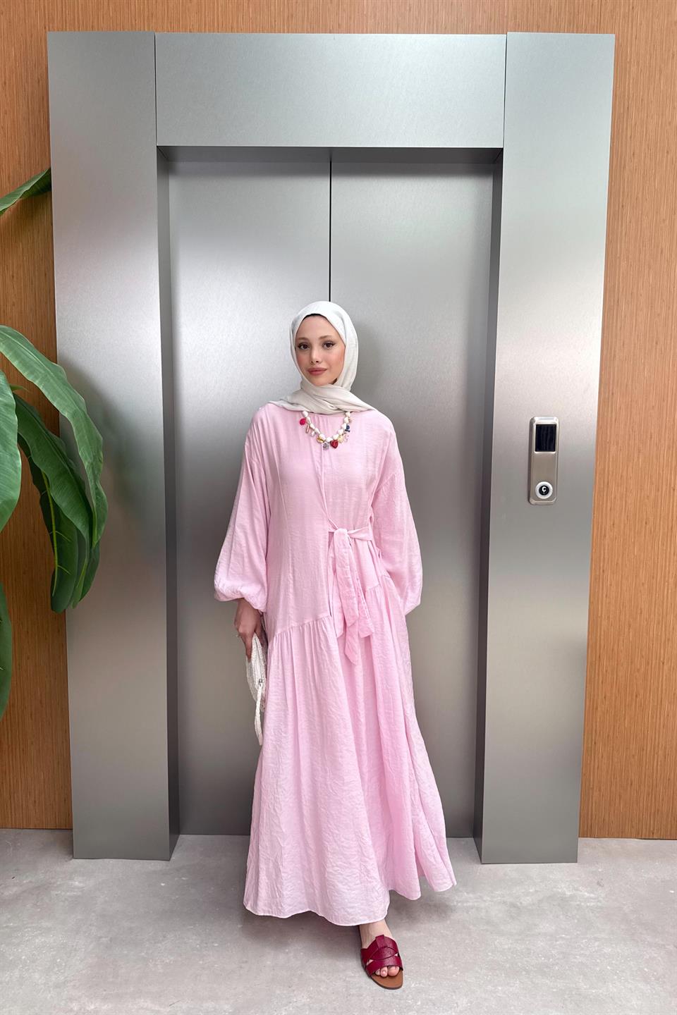 Bağlamalı Balon Kol Elbise - Pembe