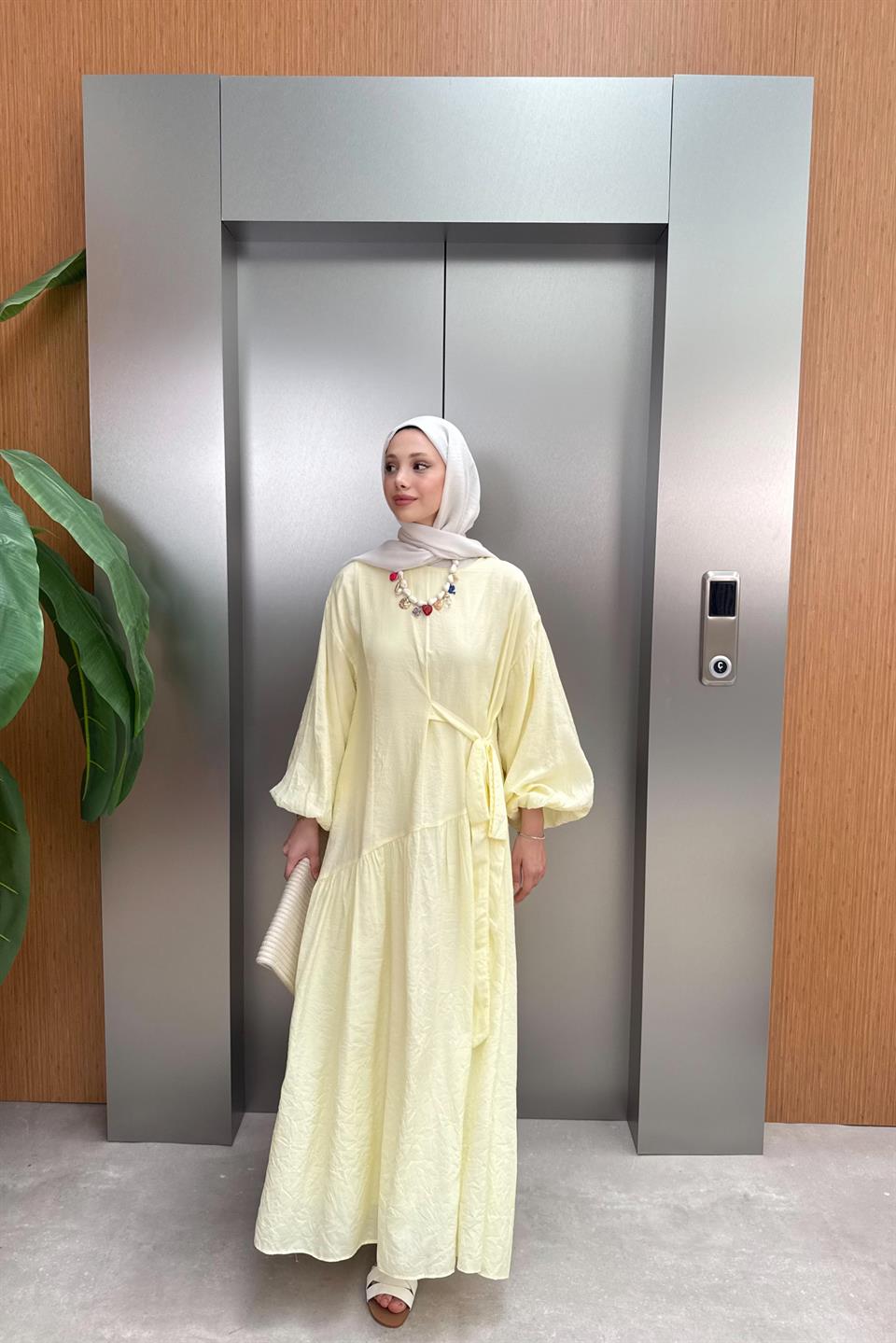 Bağlamalı Balon Kol Elbise - Sarı