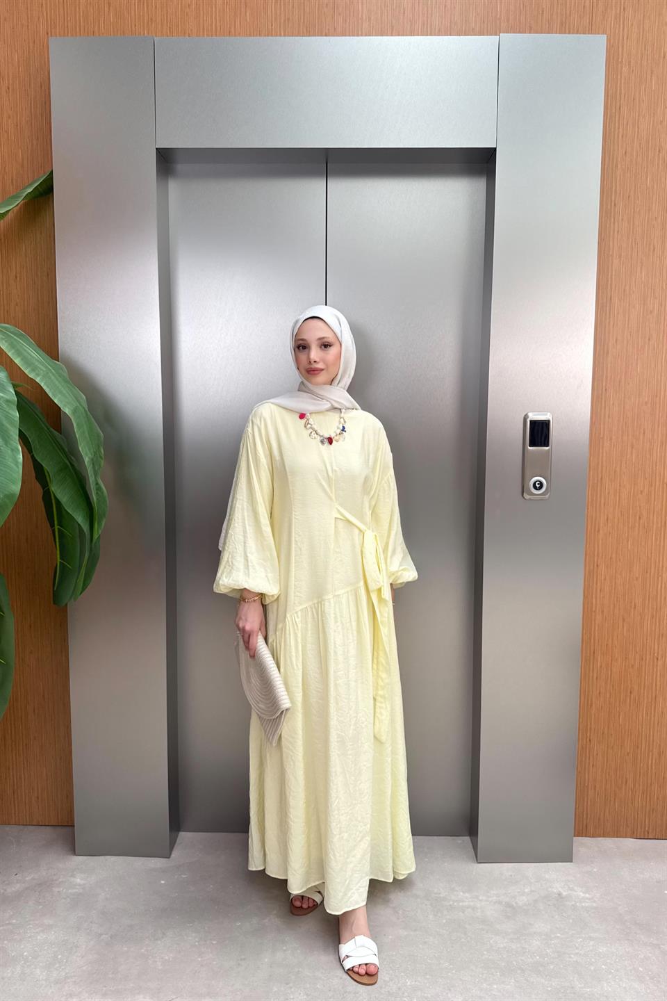 Bağlamalı Balon Kol Elbise - Sarı