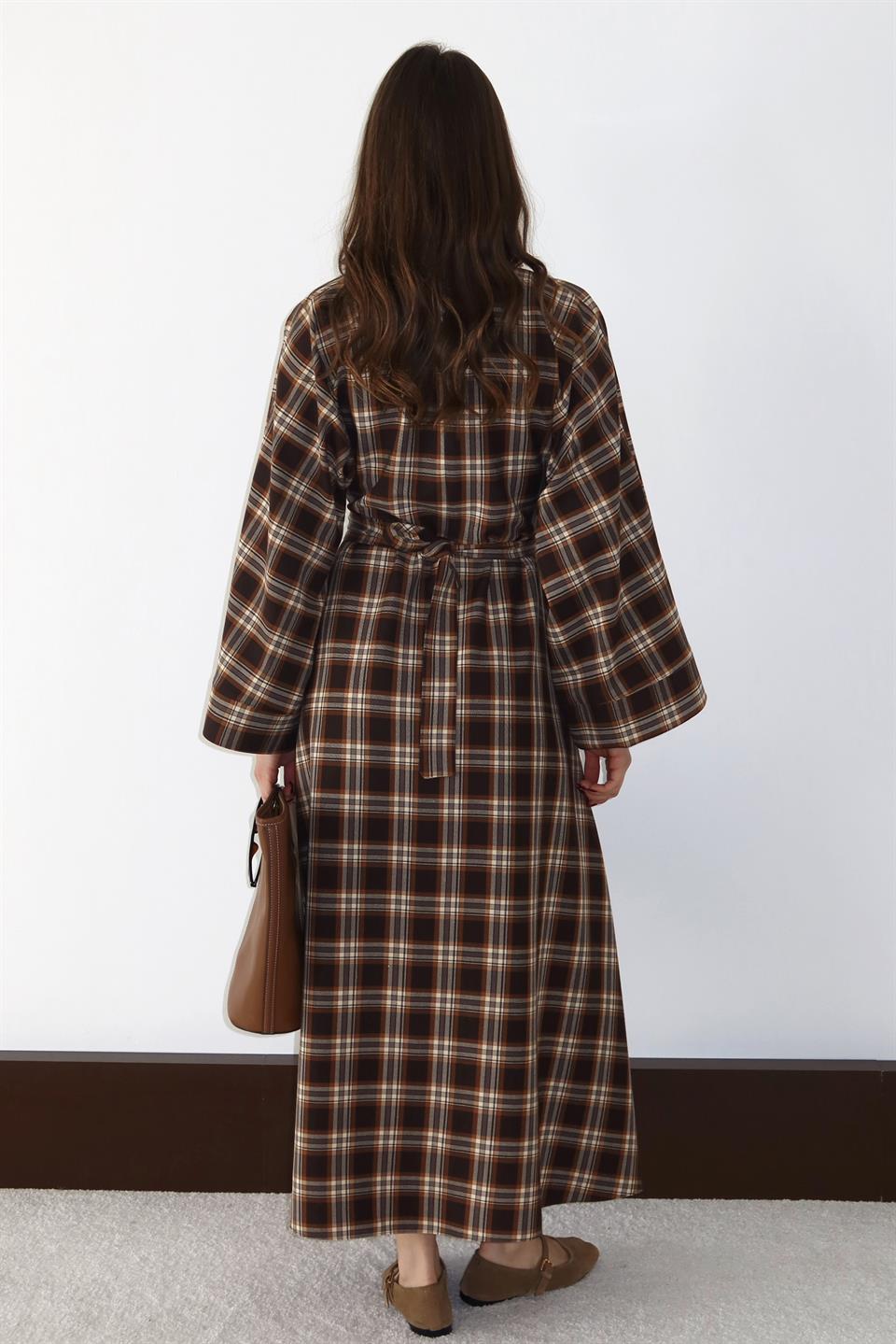 Bağlamalı Ekose Elbise - Camel