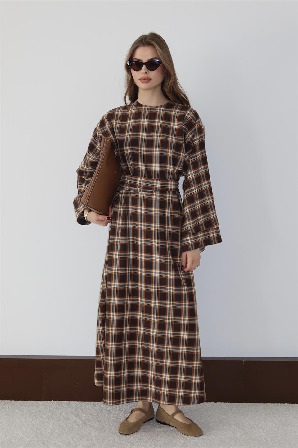 Bağlamalı Ekose Elbise - Camel