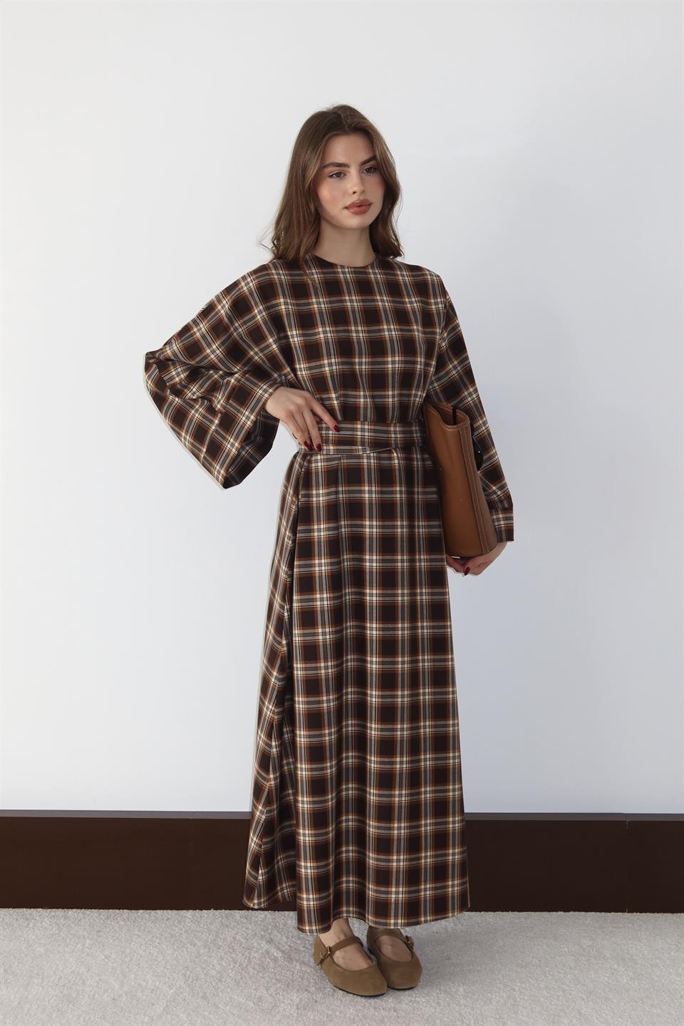 Bağlamalı Ekose Elbise - Camel