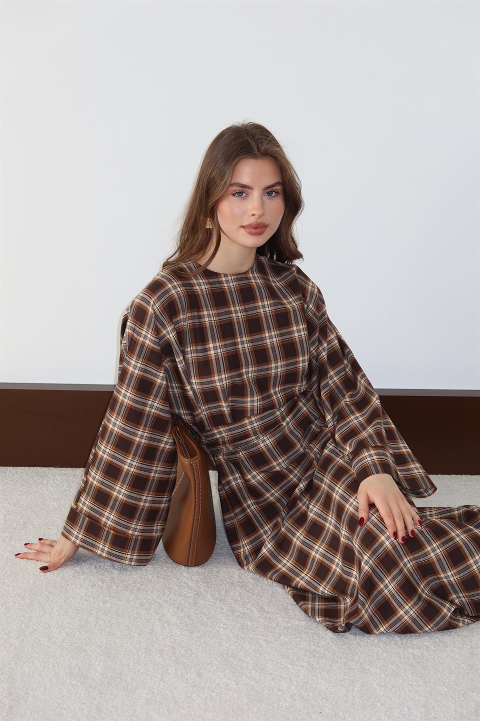 Bağlamalı Ekose Elbise - Camel