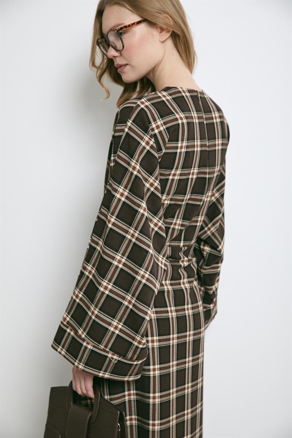 Bağlamalı Ekose Elbise - Kahve