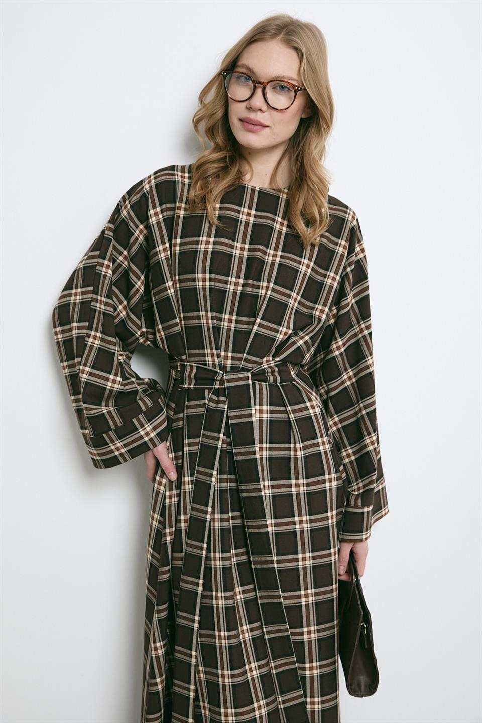 Bağlamalı Ekose Elbise - Kahve