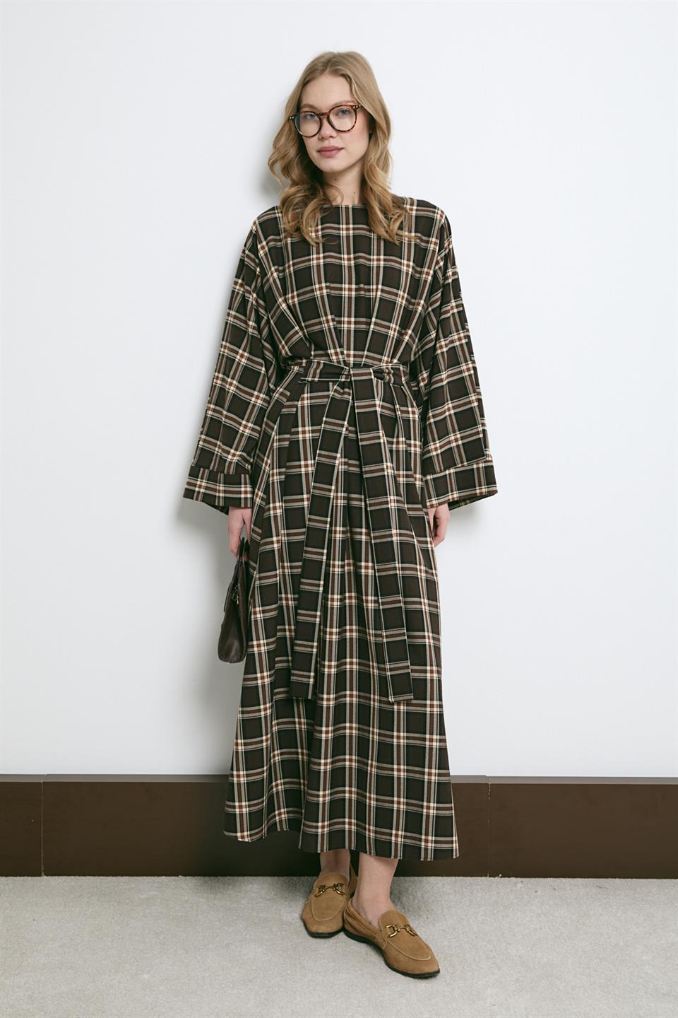 Bağlamalı Ekose Elbise - Kahve