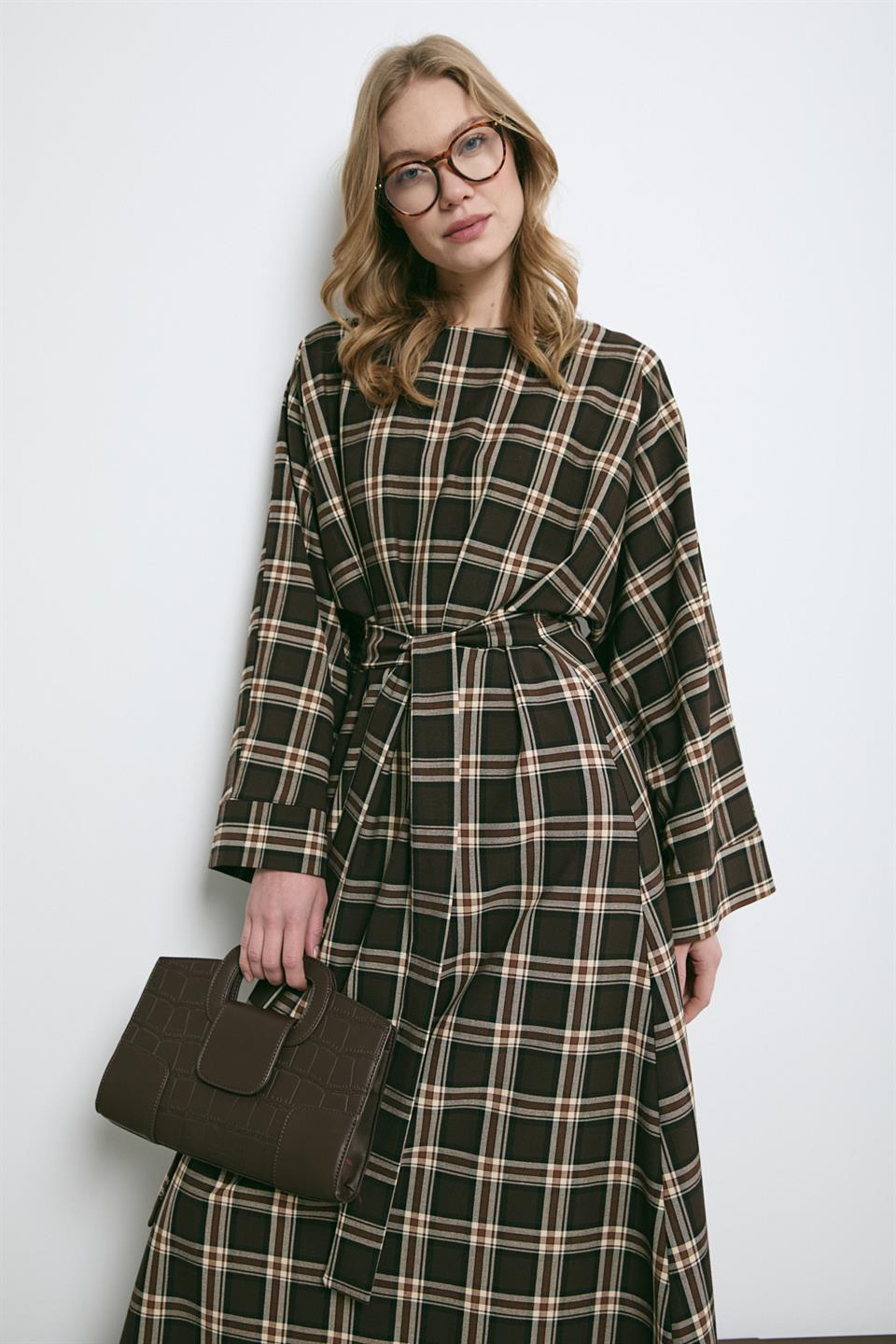 Bağlamalı Ekose Elbise - Kahve