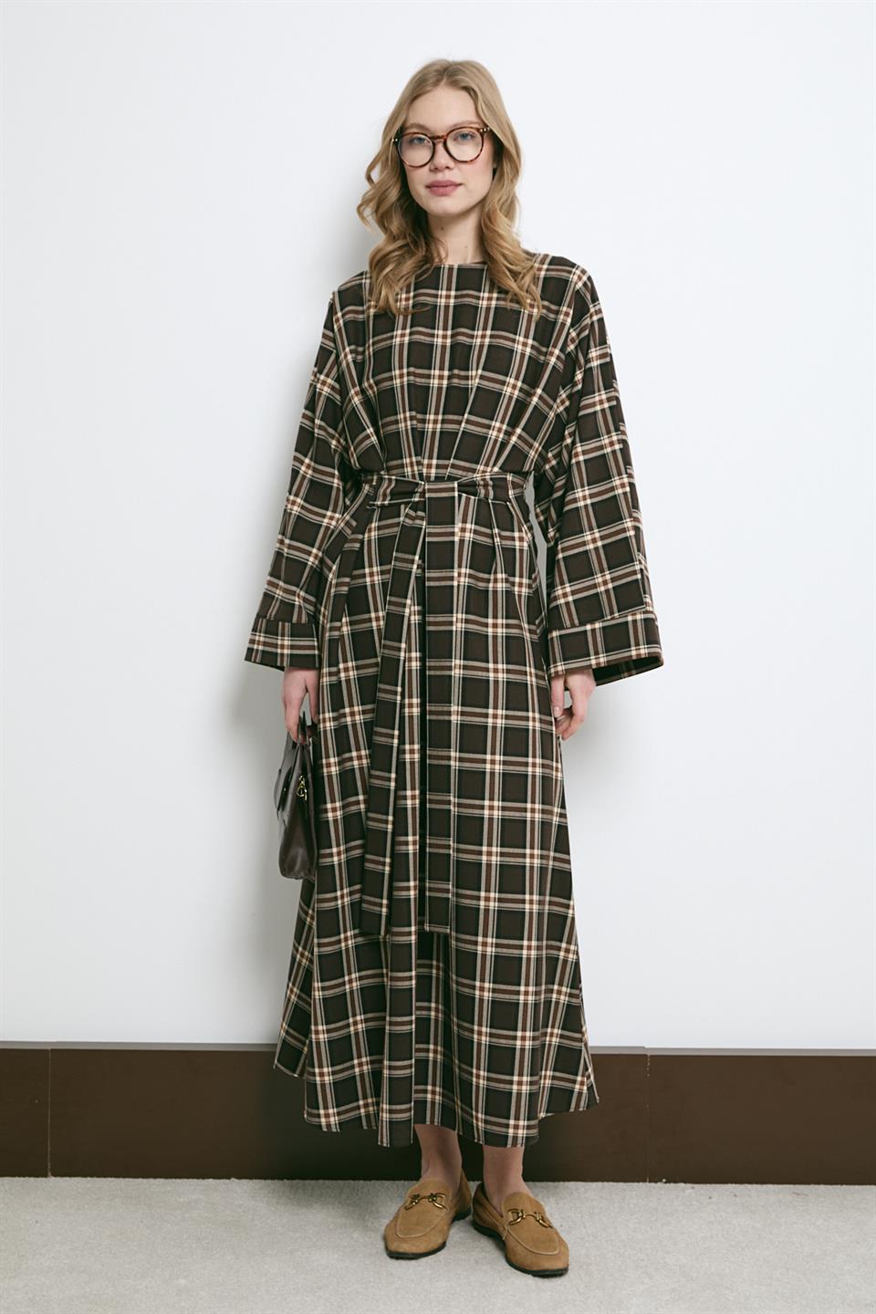 Bağlamalı Ekose Elbise - Kahve