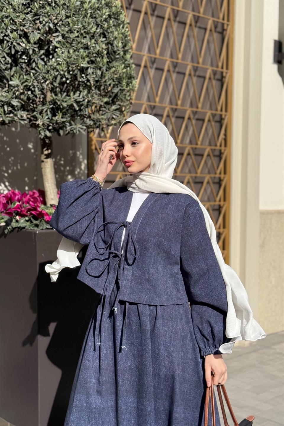 Tied Skirt Denim Suit - Navy Blue