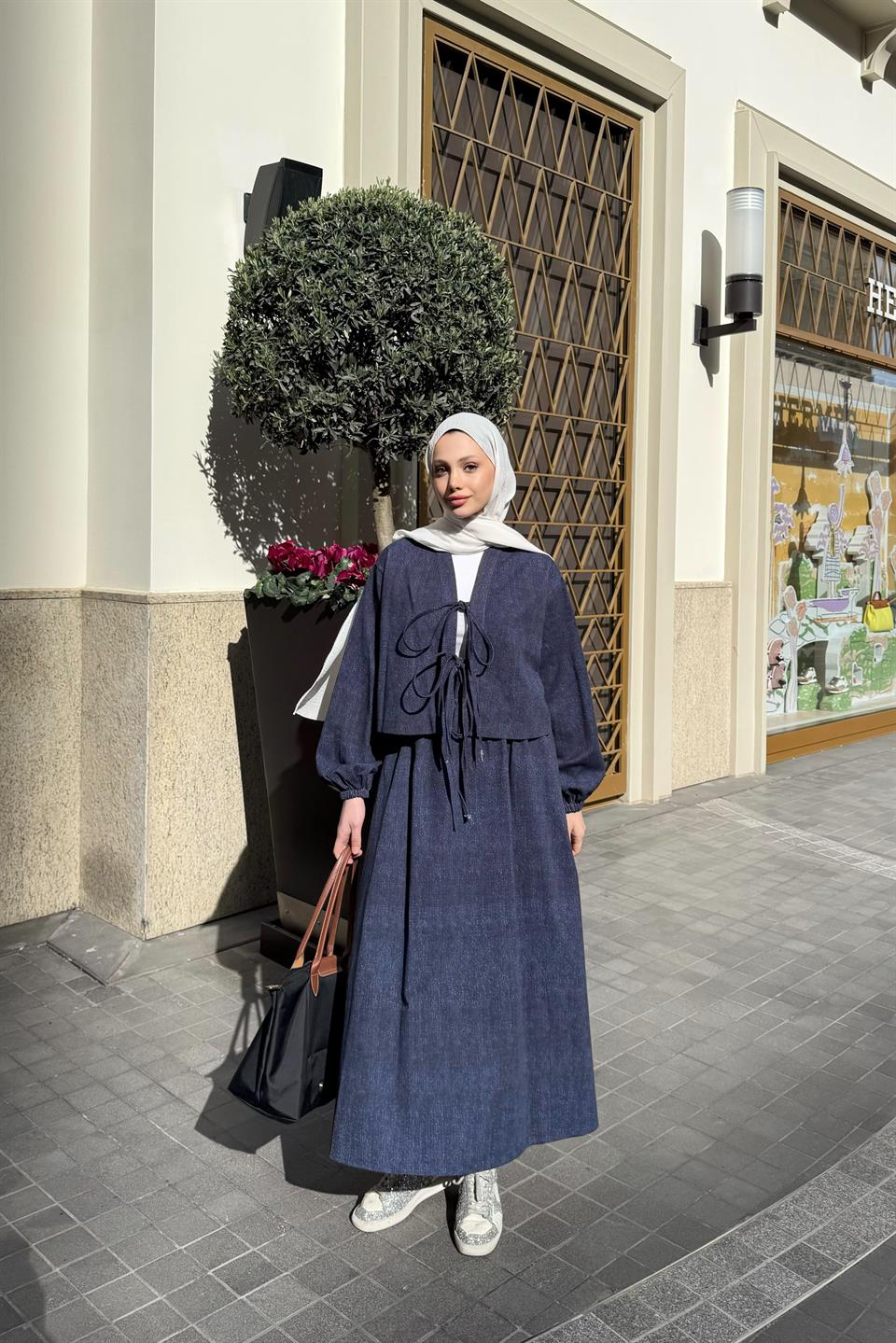 Tied Skirt Denim Suit - Navy Blue