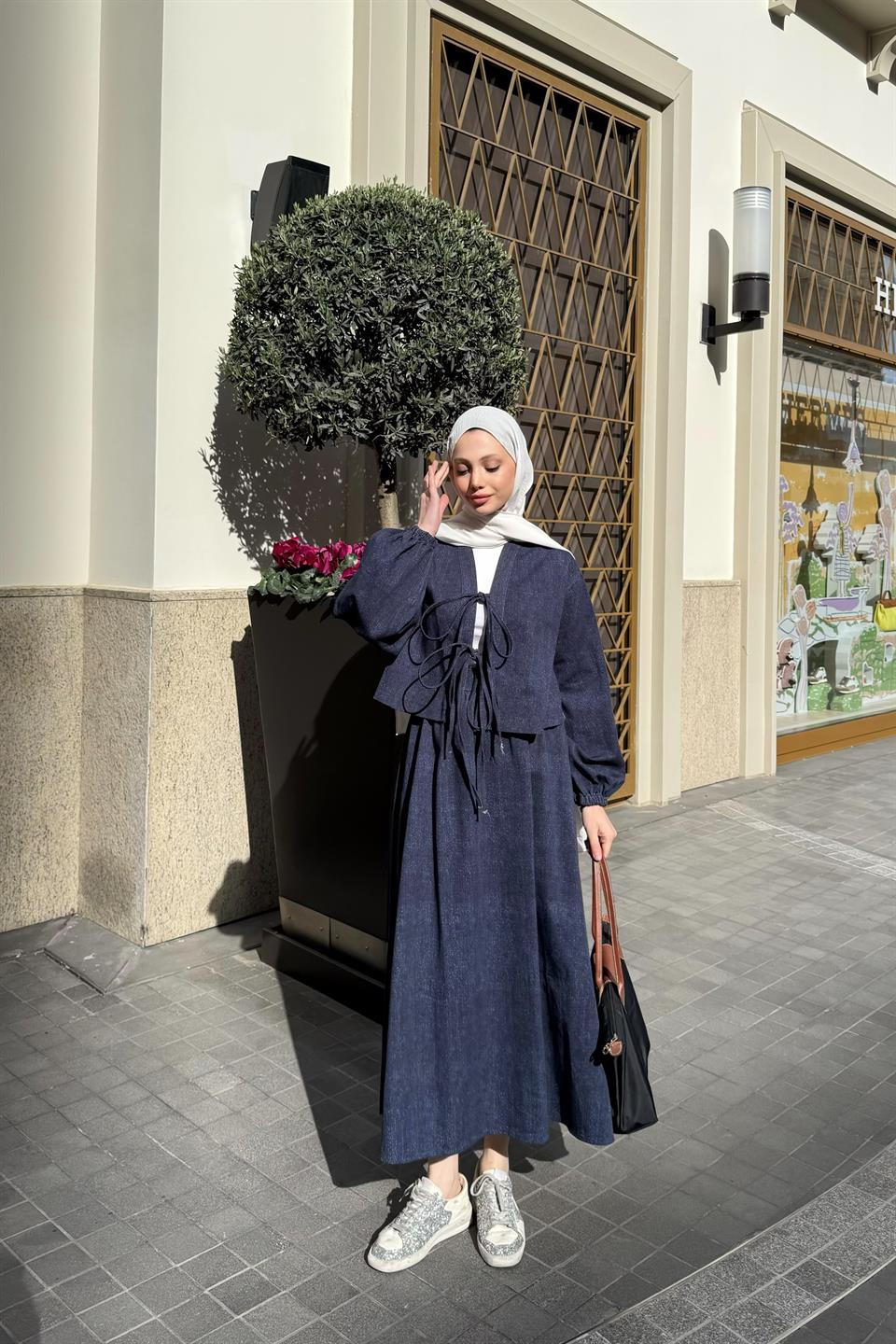 Tied Skirt Denim Suit - Navy Blue