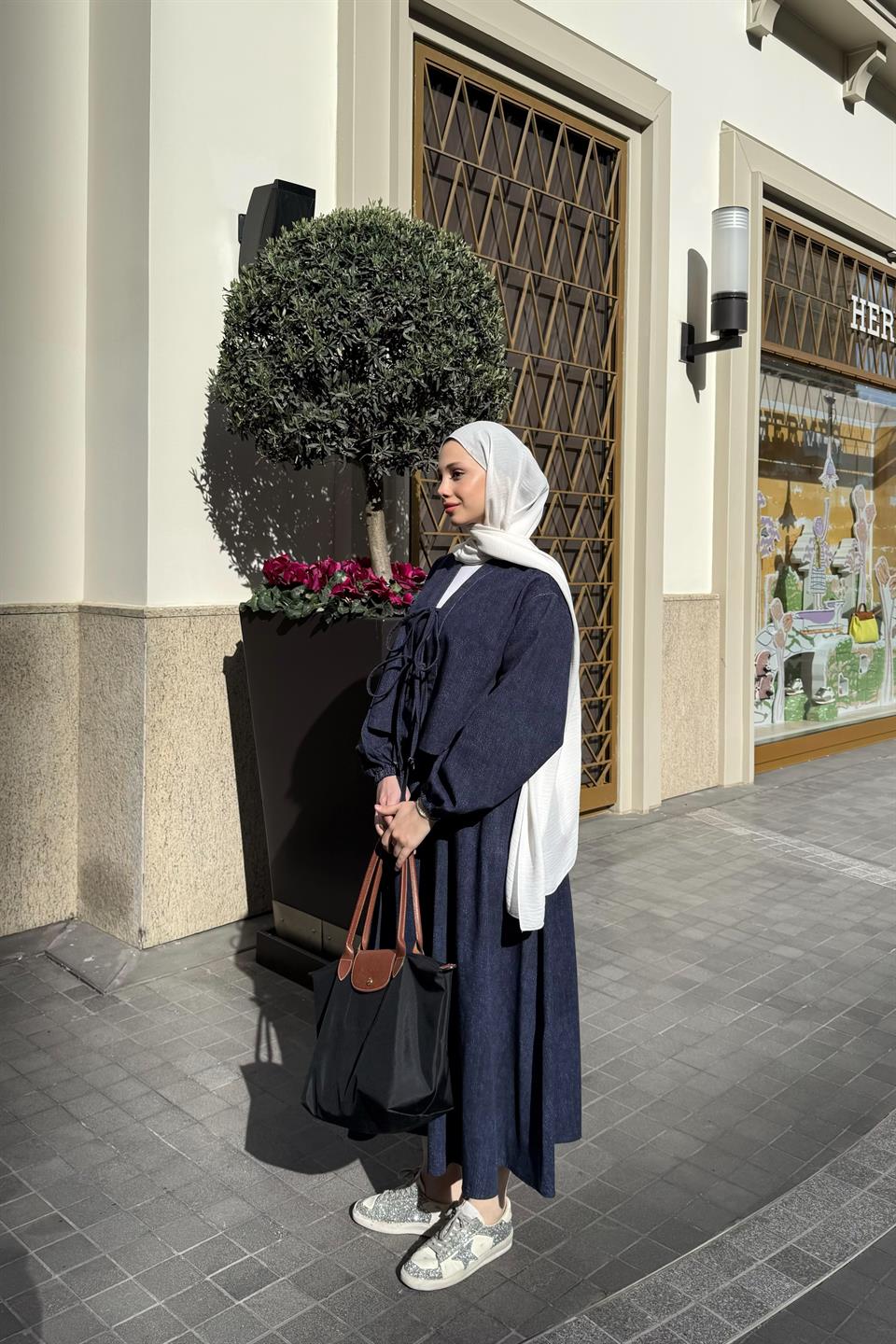 Tied Skirt Denim Suit - Navy Blue
