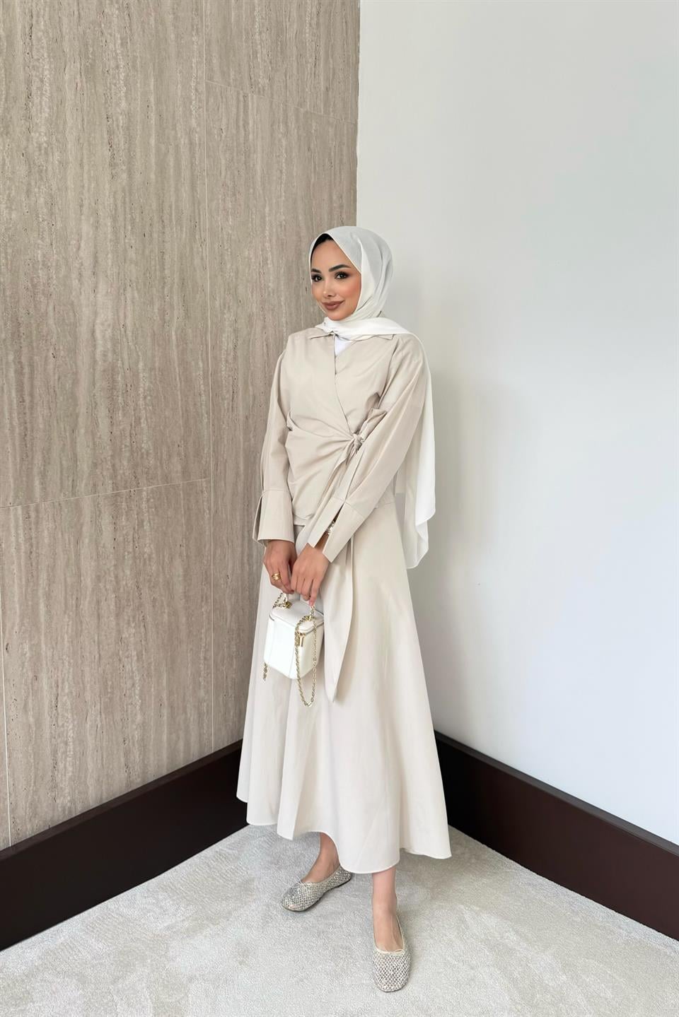 Bağlamalı Etekli Takım - Bej