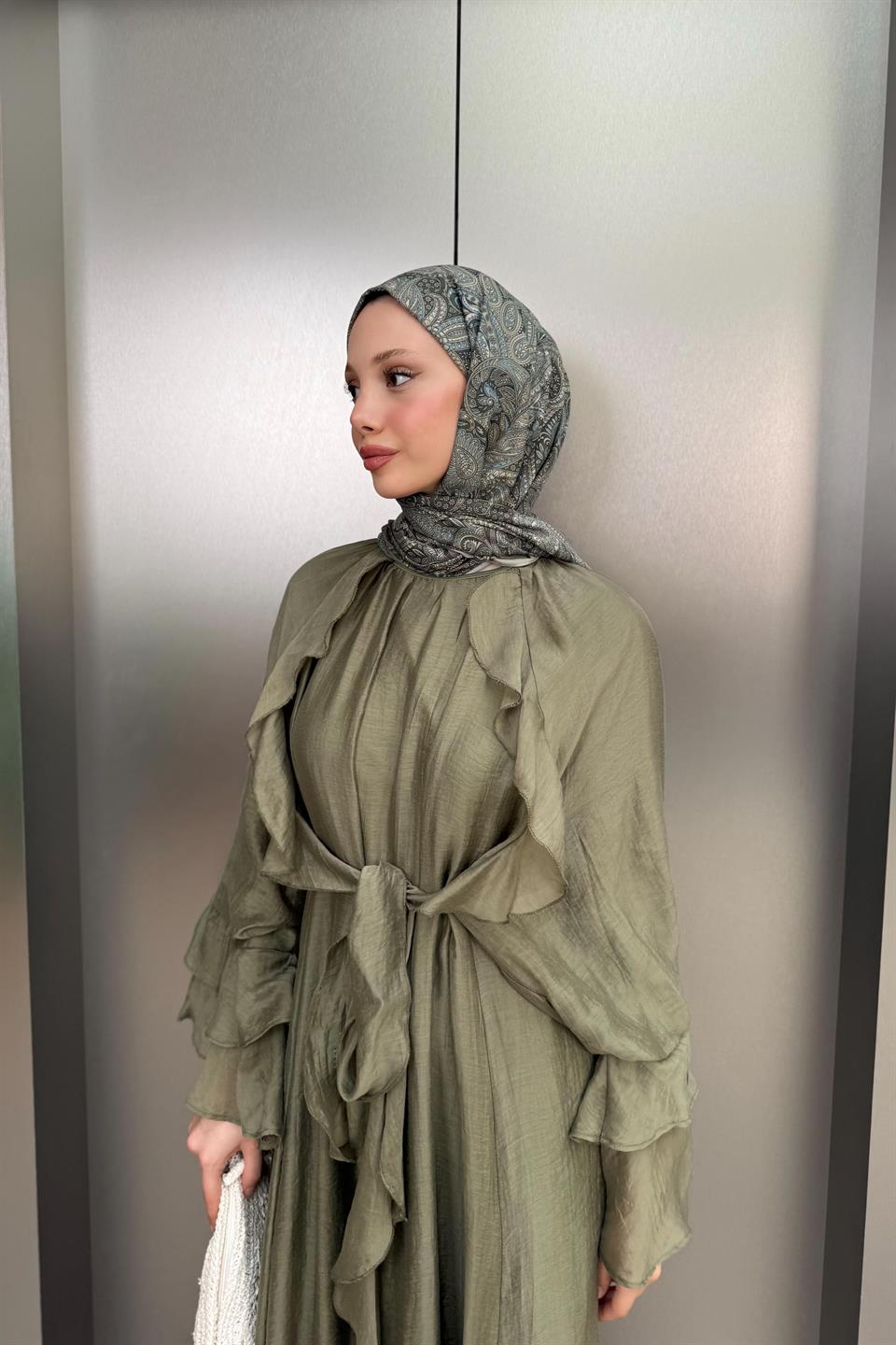 Bağlamalı Fırfır Kol Elbise - Haki