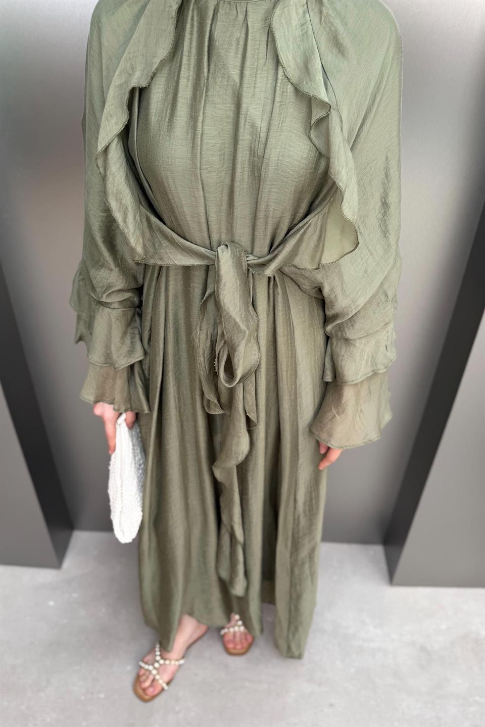 Bağlamalı Fırfır Kol Elbise - Haki