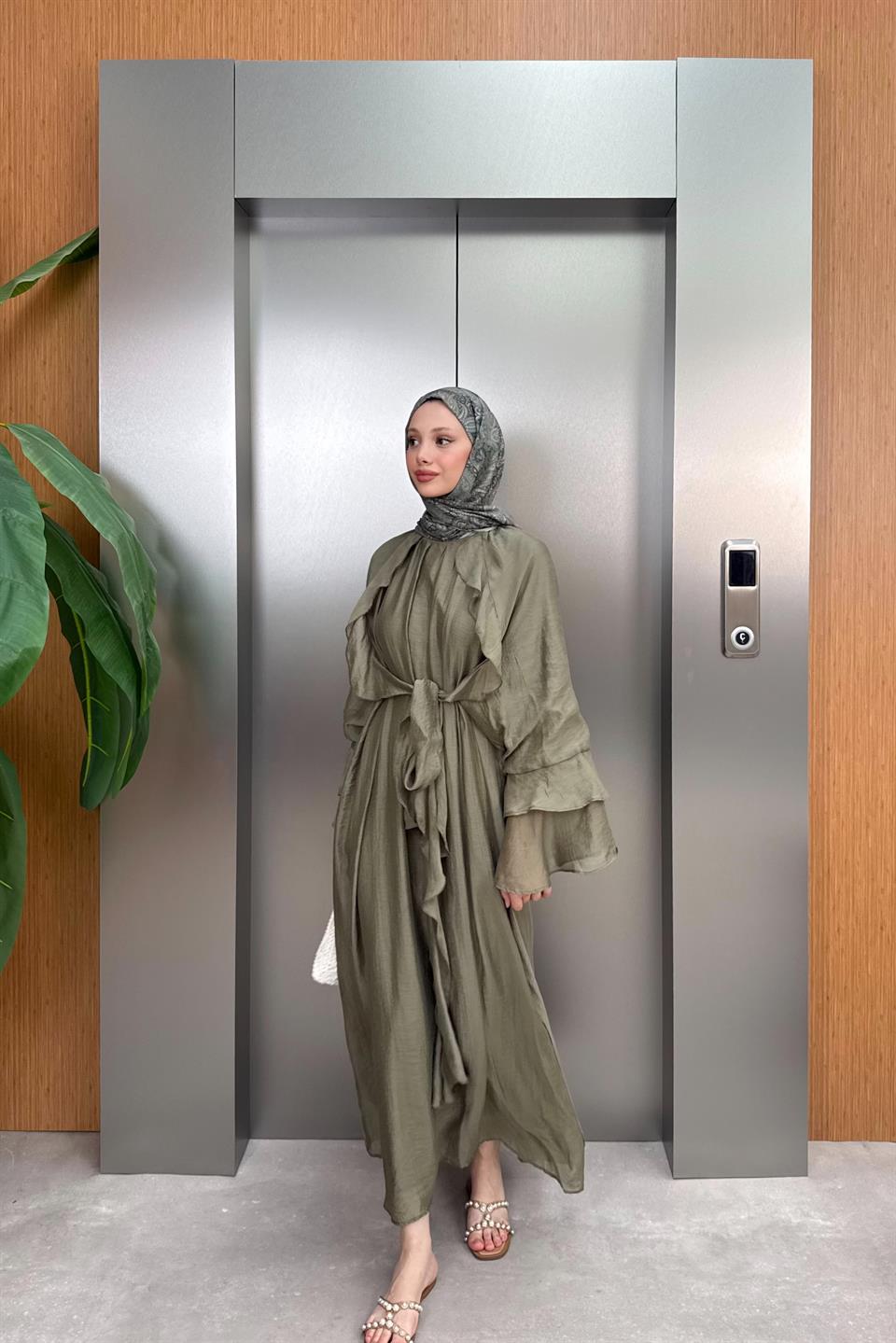 Bağlamalı Fırfır Kol Elbise - Haki