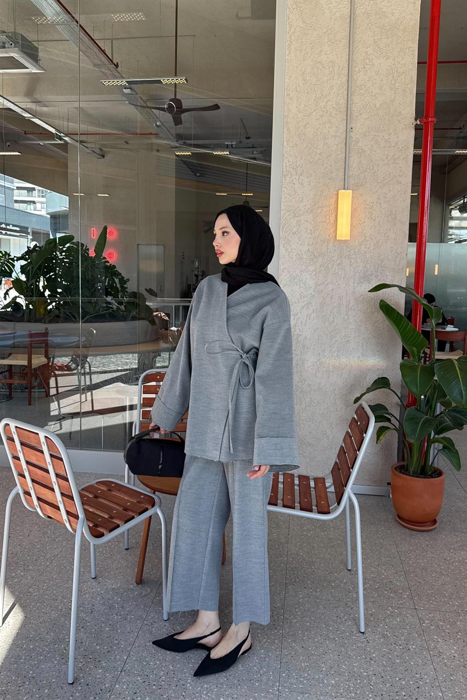 Bağlamalı Kaşe Takım - Gri