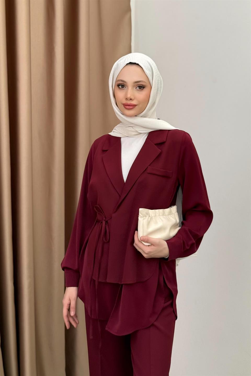 Bağlamalı Krep Pantolonlu Takım - Bordo